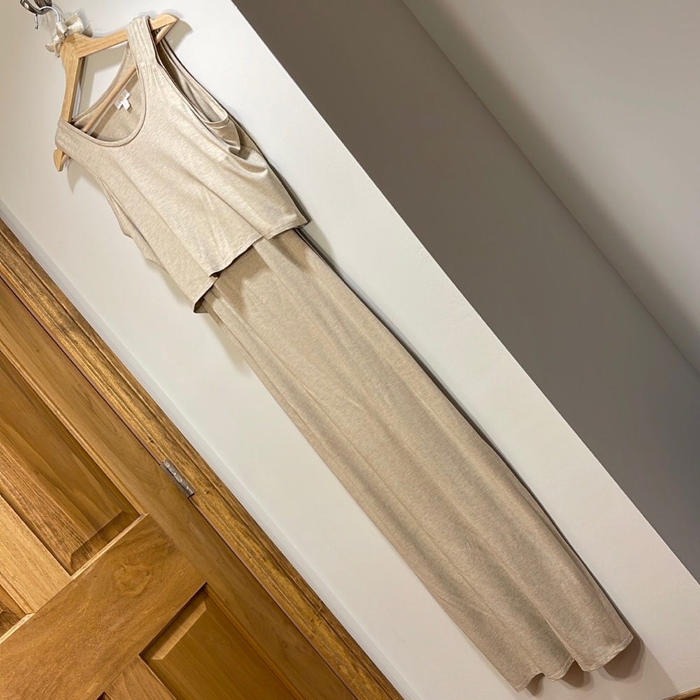 NWOT CHARMING CHARLIE | TAUPE 2 PIECE MAXI DRESS CAMI W/ CROP TOP | SIZE S